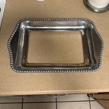 VTG Aluminum/pewter Casserole Dish Holder Footed Beaded Rectangle Holder 14x10 picture