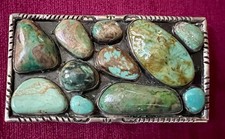 STUNNING VTG STERLING NATIVE AM. BELT BUCKLE CLUSTER  VARIOUS TURQUOISE STONES picture