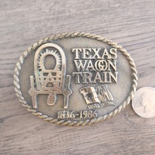 Texas Wagon Train Sesquicentennial 1836-1986 Cody of Texas Brass Belt Buckle picture