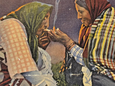 Rare Linen Postcard Blackfeet Native American Women Lighting up Glacier Park MT picture