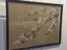 Vintage Japanese Hand Painted Flower Blossoms On Silk Framed Signed 18x23.5