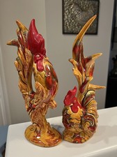 Vintage MCM Arnel's Mold pair-Swirl Glazed Ceramic Rooster & Hen Figurines 12
