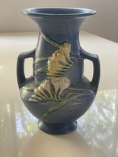 Roseville Art Pottery 1940s Blue Freesia Base W Handles 1228 USA Vase picture