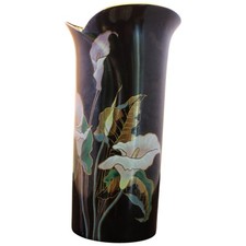 Vintage Yamaji Japan Black Porcelain Vase Calla Lily Floral Gold Trim 7.25” picture