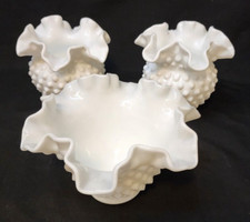 Set of 3 Vintage Fenton Hobnail Milk Glass Ruffled Crimped Rim Bowl Vase B3 picture