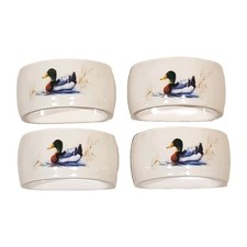Vintage Ceramic Mallard Duck Napkin Rings Set of 4 White Hand Painted 1970s picture