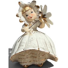 Vintage 1950s Lefton Bloomer Girl Figurine White Gown Gold Trim KW10531 As Is picture