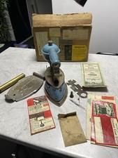 ANTIQUE COLEMAN STOVE Co. BLUE ENAMEL GAS CLOTHES FLAT IRON 1930s W RAILWAY STAM picture