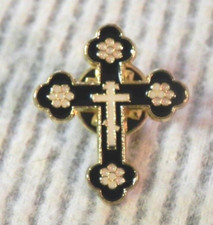 BUDDED CROSS Pin Black Enamel Lapel Brooch Badge Christian Orthodox Gold tone picture