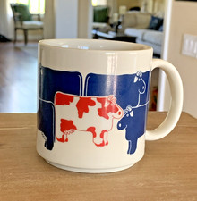 Taylor & Ng Ceramic Mug DAIRY DEARIES Red Jersey Navy Blue Cows VTG 1985 Japan picture