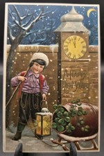 Antique New Year BOY With Lantern Clover Embossed Postcard 1900s Germany  picture