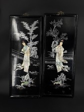 Vintage Asian Mother of Pearl Inlay Wall Panels Ladies Black Lacquer Pair 25