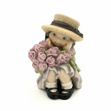 Enesco Girl Figurine with Pink Roses & Straw Hat Vintage Porcelain Collectible picture
