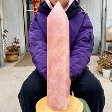 23.92LB Natural clear Pink Rose Quartz Carved Crystal Tower Wand Reiki picture