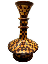 Vintage Segmented Wood Art Pillar Candle Holder Mosaic Chevron Pattern picture