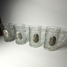 Set of 4 vintage Stien Clear Glass Beer Mugs w/ Pewter Golf Medallions picture
