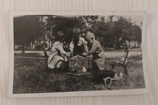 1919 Old Photo Cute Kids Siblings Pet Bird Cage Outdoors Antique Found Art Photo picture