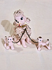 Vintage Pink & White Spaghetti Poodle w/Roses & 2 Puppies, Life-Like Blue Eyes picture