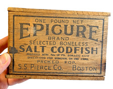 Antique EPICURE Salt Codfish Box S.S. Pierce Co Boston Massachusetts 1890s Wood picture