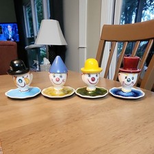 Rare SECLA Portugal Clown Ceramic Painted Egg Cup Set of 4 w/ Saucers & Hats picture