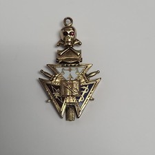 Antique IOOF Odd Fellow Fob Gold Filled Ruby Enamel Skull Cross Bones Pendant 82 picture