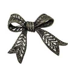 Gold Tone Rhinestone Iridescent Bow Brooch Pin Vintage Antiqued MCM Coquette picture