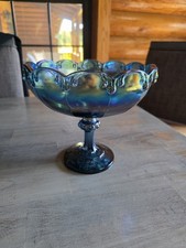 Vintage Indiana Glass Blue Carnival Glass Garland Teardrop Pedestal Compote Bowl picture