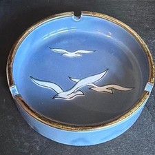 Vintage Blue Ceramic Seagull Ashtray Mid-Century Coastal Nautical Decor 6 Inch picture
