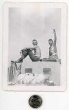 Old 1940s photo / WWII BEEFCAKE Sailors Shirtless on Ship - Sunder Here Navy Man picture
