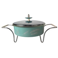 RARE Vtg Pyrex Atomic Turquoise Wheat 595 Chafing Serving Dish Chrome Cradle Lid picture