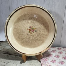 Vintage Crazed and Stained Pie Plate Flowers Gold Trim Farmhouse Country picture