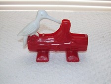 Plastic White Woodpecker Bird on a Red Log Toothpick Grabber Vintage MCM Works picture