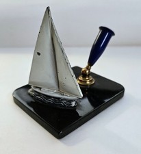Vintage Nautical Sailboat Desk Pen Holder Black Bakelite Style Art Deco picture