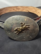 VTG J-B Western Creations Engraved German Silver & Brass Belt Buckle/Brushy Belt picture
