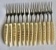 Vtg 10 Cocktail Forks Stainless Celluloid Handles & Inlay Foil Japan 4