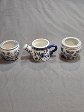 Blue White Floral Ceramic Mini Watering Can & 2 Planters 3 Pc Garden Decor picture