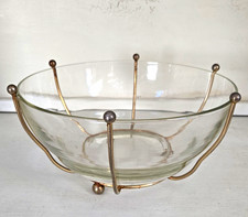 Clear Glass Round Serving Bowl w/ Gold Shiny Metal Wire Stand 10in x 5in picture