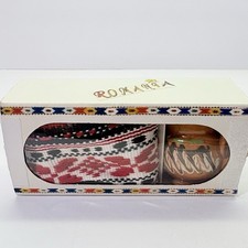 Romanian Souvenir Boxed GIFT SET of 2 Mini FOLK ART Pieces: Textile & Mug picture