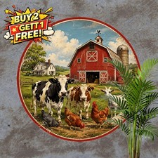 Rustic Farm Scene Red Barn Cow Hen Poultry Round Metal Tin Sign 8x8 picture