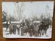 B&W ORIG PHOTO MAINE 25  LUMBERJACKS SNOW HORSE DOG LOGGING CAMP EARLY 1900’s picture