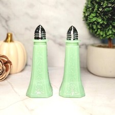 Green Jadeite Depression Style Glass Salt & Pepper Shakers, Kitchen, VTG Style picture