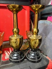 Vtg Japanese Brass Pricket Candlesticks Spike Candle Holder Crane Mon Set of 2⁠ picture