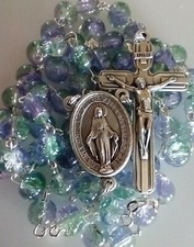 Beautiful Catholic Blue Purple Green Crackle Glass Rosary picture