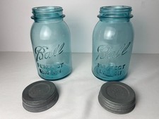 RARE #13 Ball Perfect Mason Jars Pair 1920s Blue Glass Zinc Lid Porcelain Insert picture