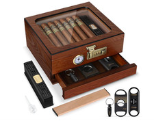 Cedar Wood Cigar Humidor Glass Top Desktop Box Digital Hygrometer Humidifier picture