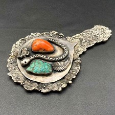 Vintage Alberto Contreras Turquoise Coral Sterling Silver Snake Hand Mirror picture