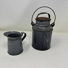 Antique Gray Agateware Milk/Cream Can/Pail w/ Tin Lid And Cream Pitcher picture