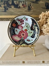 Vintage Tobacco Leaf Pattern Brass Encased Handpainted Bowl picture