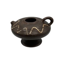 Pottery Ceramic Genie Oil Lamp Rustic Primitive Brown Zig Zag Design Decor picture