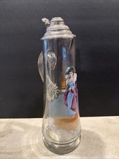 Large Vintage German Cut Glass Beer Stein Water Pitcher W/ Painted Lady And Lid. picture